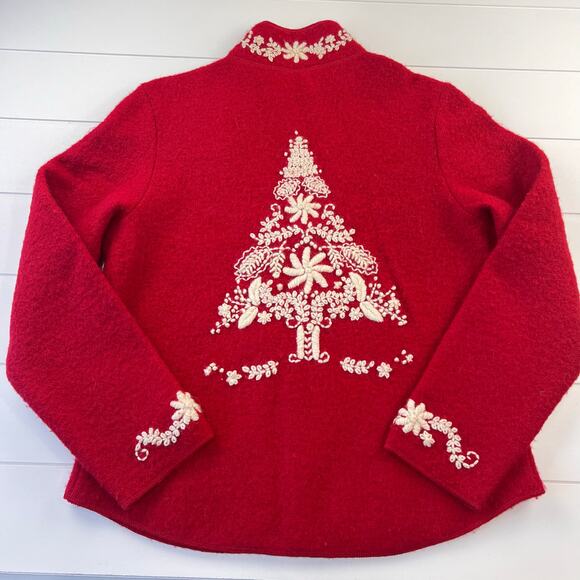 Coldwater Creek Women's Red Wool Zip Up Sweater Holiday Christmas Tree SZ Medium - Picture 1 of 6